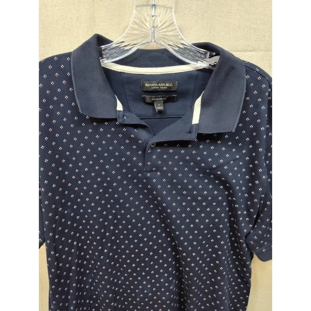 Banana Republic Luxury Touch Polo Shirt Mens Large Navy Blue‎ Micro Print Cotton